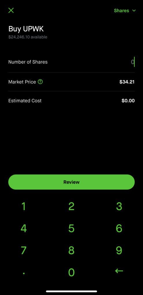 Robinhood Market Order - Buy in Shares step 2