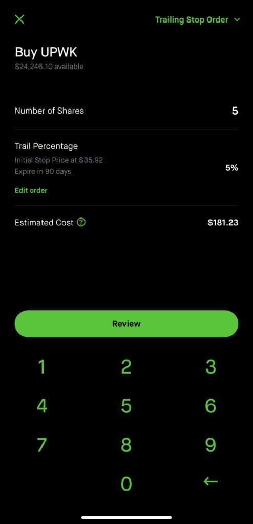 Robinhood Conditional Order - Trailing Stop Order step 6