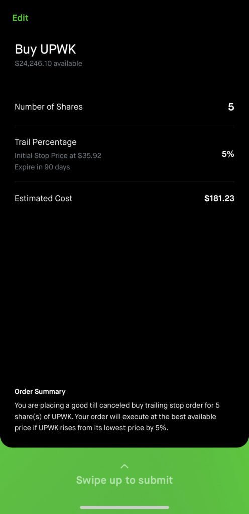 Robinhood Conditional Order - Trailing Stop Order step 7