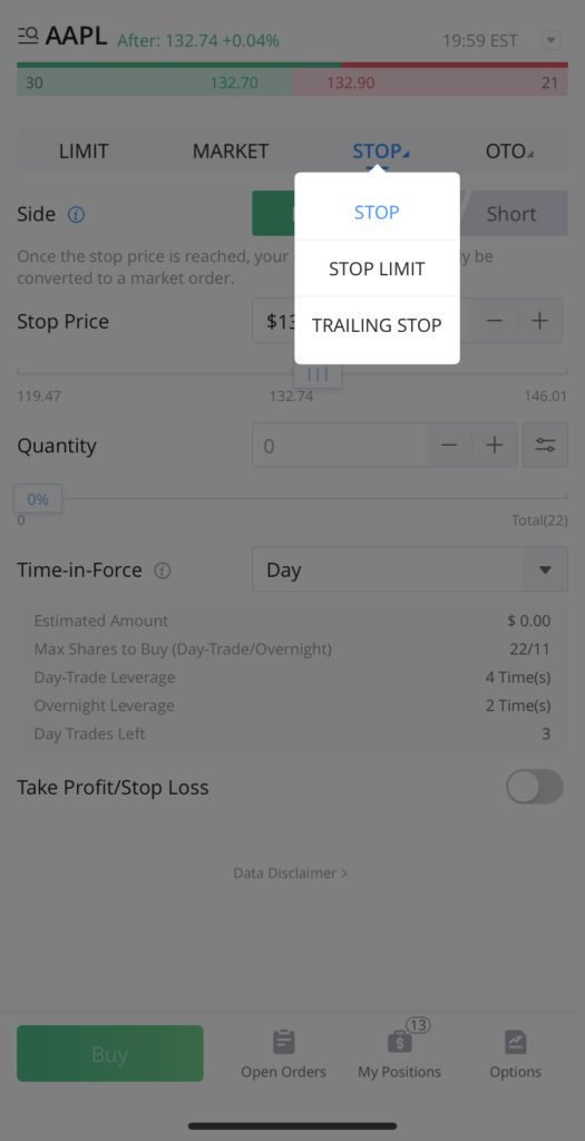 In addition to the 'Stop' order, you can access the Stop Limit and Trailing Stop order types by clicking on the small blue arrow next to 'Stop' on the top bar.